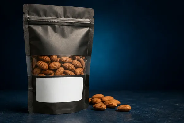 Almond package with an illustrative UPC barcode on its front label